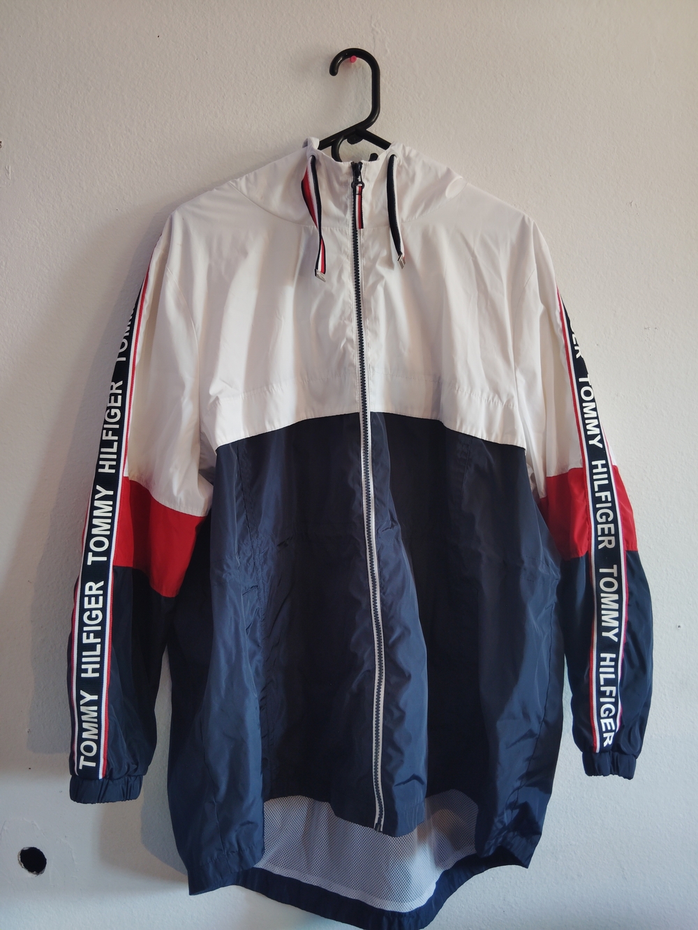 Tommy Hilfiger Women's Color Block (White, Red, & Navy) Long Windbreaker Jacket